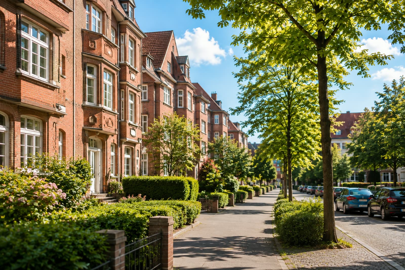 Wohnstraße im Hamburger Bezirk Wandsbek mit Backsteinhäusern