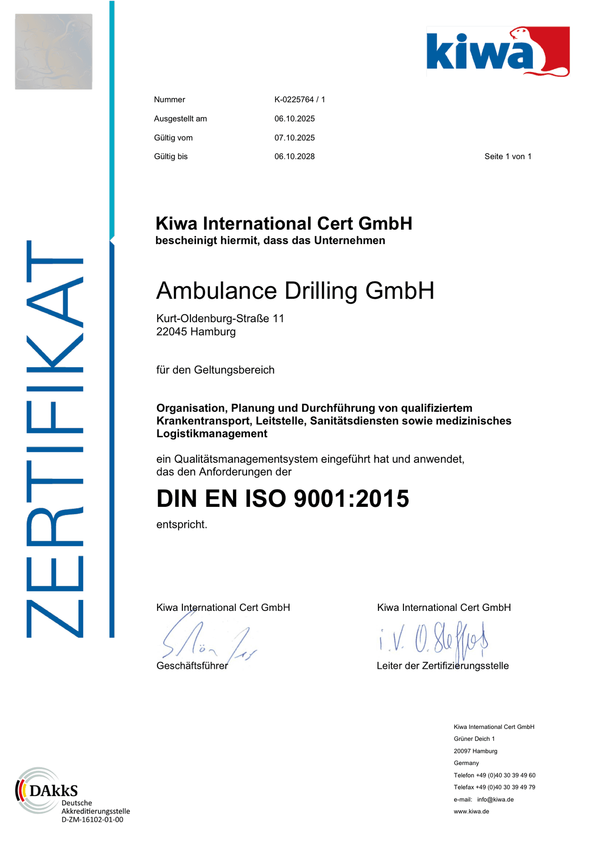 ISO-9001-Zertifikat der Ambulance Drilling GmbH, ausgestellt von Kiwa International Cert
