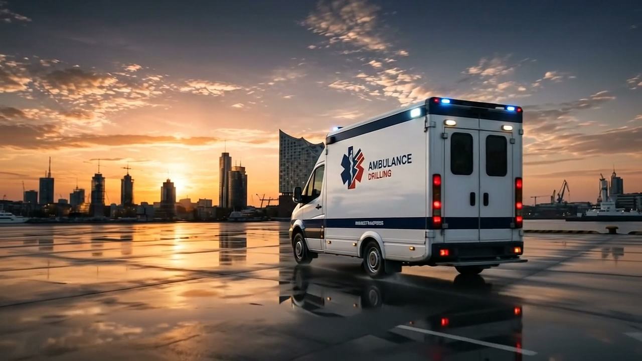 Krankentransportwagen von Ambulance Drilling mit geöffneten Hecktüren an der Elbe in Hamburg bei Sonnenuntergang
